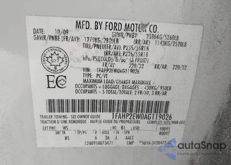 2010 Ford Taurus Sel z USA, uszkodzony, nr VIN 1FAHP2EW0AG119026